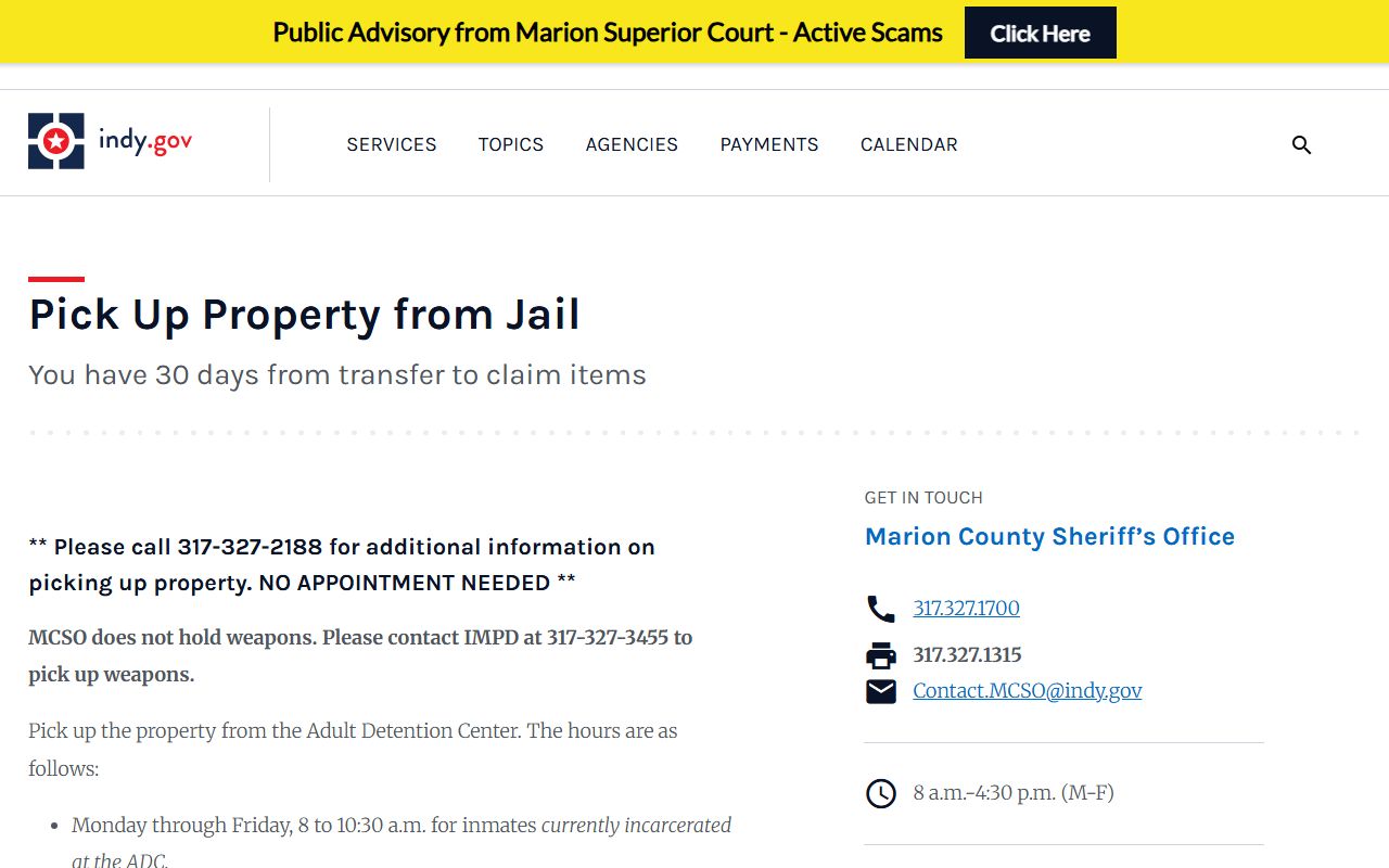 Marion County inmate records jail property pickup rules