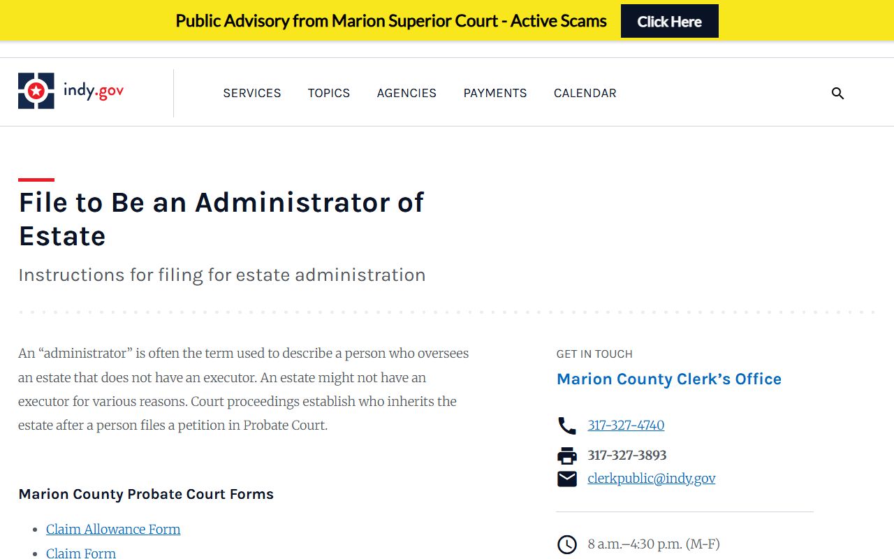 Marion County probate records estate administrator filing page